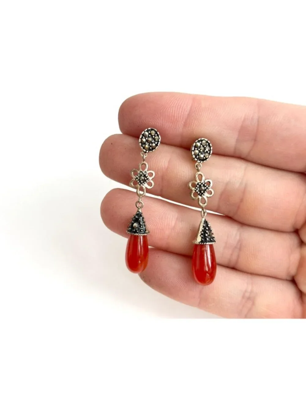 Art Deco Red Coral & Marcasite Floral Teardrop Vintage Sterling Silver Earrings